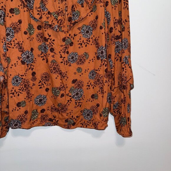 Sonoma Womens Floral Ruffle Blouse M Rust Multi-Color Long Sleeve 100% Rayon - Picture 4 of 6